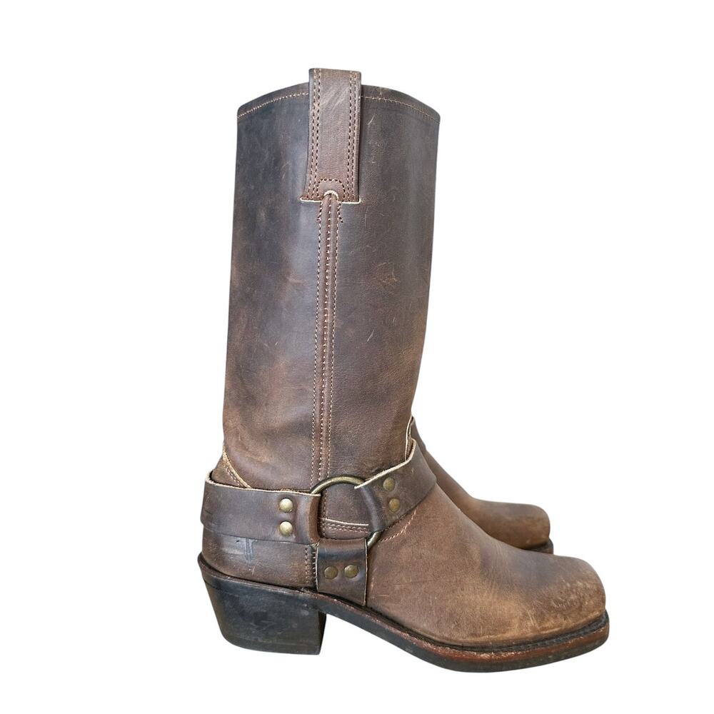 Frye Vintage Brown Leather Harness Boots Square Toe Y2K Moto 6.5